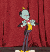 a cartoon character in a tuxedo and bow tie is dancing in front of a red curtain