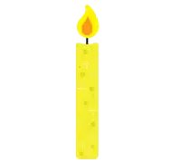 a yellow birthday candle with a flame and sparkles on a white background .