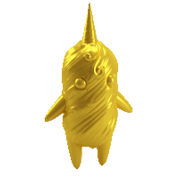 a gold figurine with a horn and swirls on its head