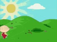 a cartoon character is running through a grassy field .