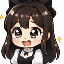 a cartoon girl with long brown hair and a black bow on her head