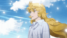 a blonde haired anime character with a white shirt stands in front of a blue sky