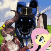 a girl and a pony are standing next to a monster with the number 1 on its hat