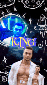 a shirtless man with the word king on the bottom