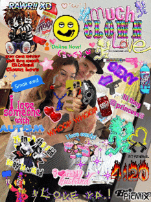 a couple taking a picture of themselves with the words much clown love at the top