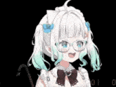 a girl with white hair and green hair is wearing glasses and a bow