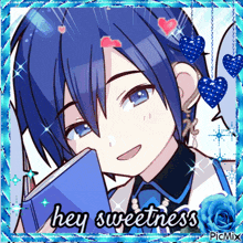 a picture of a boy with blue hair reading a book with the words hey sweetness