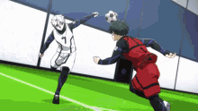 two soccer players are playing a game of soccer on a field