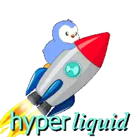 a penguin is sitting on top of a rocket with hyper liquid written below it