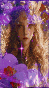 a painting of a woman with long blonde hair and purple flowers in her hair holding a purple heart .