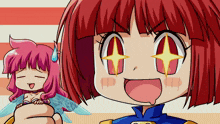 a cartoon of a girl with red hair and a blue jacket