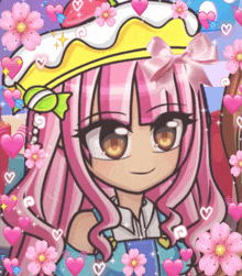 a girl with pink hair is wearing a crown and surrounded by hearts and pink flowers