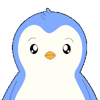a blue and white penguin with a yellow beak is looking at the camera