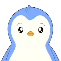 a blue and white penguin with a yellow beak is looking at the camera