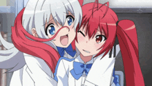 two anime girls are hugging each other and one has a red tail
