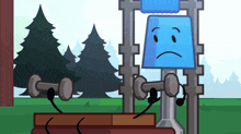 a cartoon character with a sad face is holding a dumbbell
