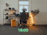 a man sits at a desk with the time 18:00 displayed on the floor