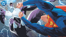 a cartoon of superman fighting a gorilla with a dc logo