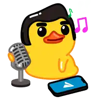 a yellow rubber duck with a microphone and a phone