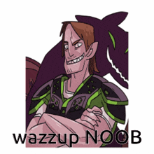 a cartoon drawing of a man with the words wazzup noob underneath him