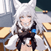 a girl with white hair and blue eyes is standing in front of a classroom with her arms crossed