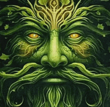 a painting of a green face with a beard and yellow eyes