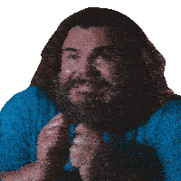 a man with a beard is wearing a blue shirt and making a funny face