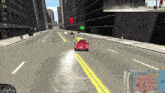 a red car is driving down a street in a video game with the number 350 on it