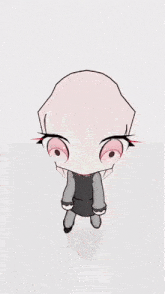 a cartoon drawing of a girl with pink eyes and red eyebrows