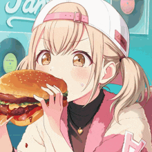 a girl is eating a hamburger in front of a sign that says jay