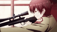 a girl is holding a sniper rifle with a tbs logo on the bottom