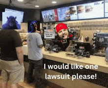 a man in a red mcdonald 's hat has a sign that says cheers radio give me $ 50k