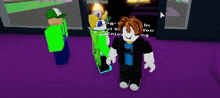 a group of roblox characters are standing next to each other on a purple carpet in a room .
