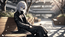 a girl is sitting on a wooden bench with a sticker on her jacket that says us army