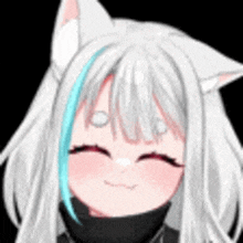 a girl with white hair and cat ears is smiling and wearing a black scarf .