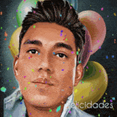 a painting of a man surrounded by balloons and confetti with the words felicidades below