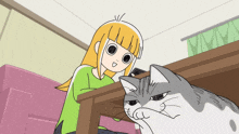 a cartoon of a girl sitting at a table with a cat looking at her