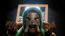 a cartoon character wearing a green hoodie and a silver helmet