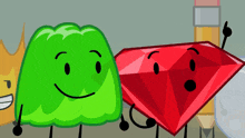 a green jelly and a red diamond with faces