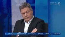 a man in a suit is sitting in front of a bundestags wahl sign