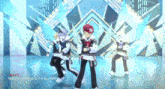 a group of anime characters are dancing on a stage with the words " ready for the dive to the sky " on the bottom