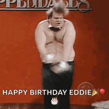 a man is dancing in front of a sign that says ' happy birthday eddie ' on it