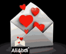 a white envelope with red hearts coming out of it and the name aliabi on the bottom