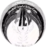 a black and white drawing of a circle with the letter l in the center