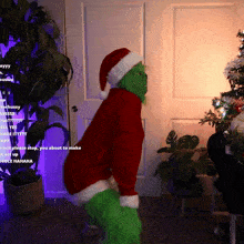 a person dressed as a grinch with a santa hat on