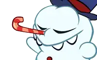 a cartoon snowman wearing a top hat and holding a candy cane in his mouth