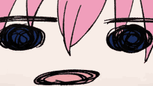 a close up of a person 's face with pink hair and black eyes