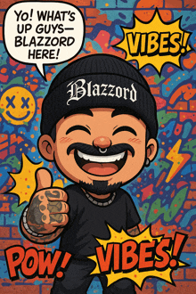 a cartoon of a man wearing a beanie that says blazzard