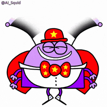 a cartoon character wearing a red hat and a red bow tie