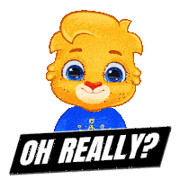 a yellow teddy bear with blue eyes is holding a sign that says " oh really "